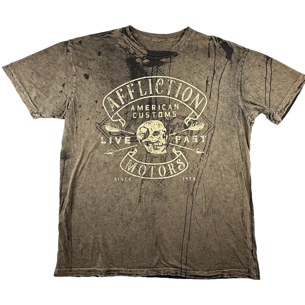 Affliction T-Shirt Men XXL Brown Y2K Distressed Skull Biker Tee Grunge 90s Arrow